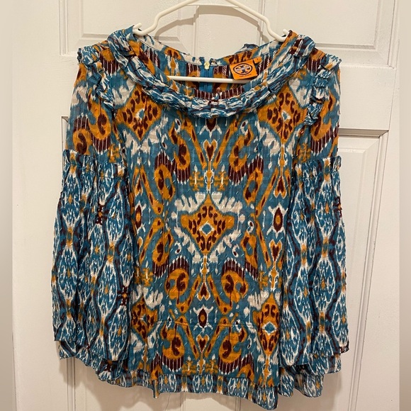 🌷Tory Burch Blue and Orange Pleated Blouse with 3/4 Sleeves - Picture 6 of 6